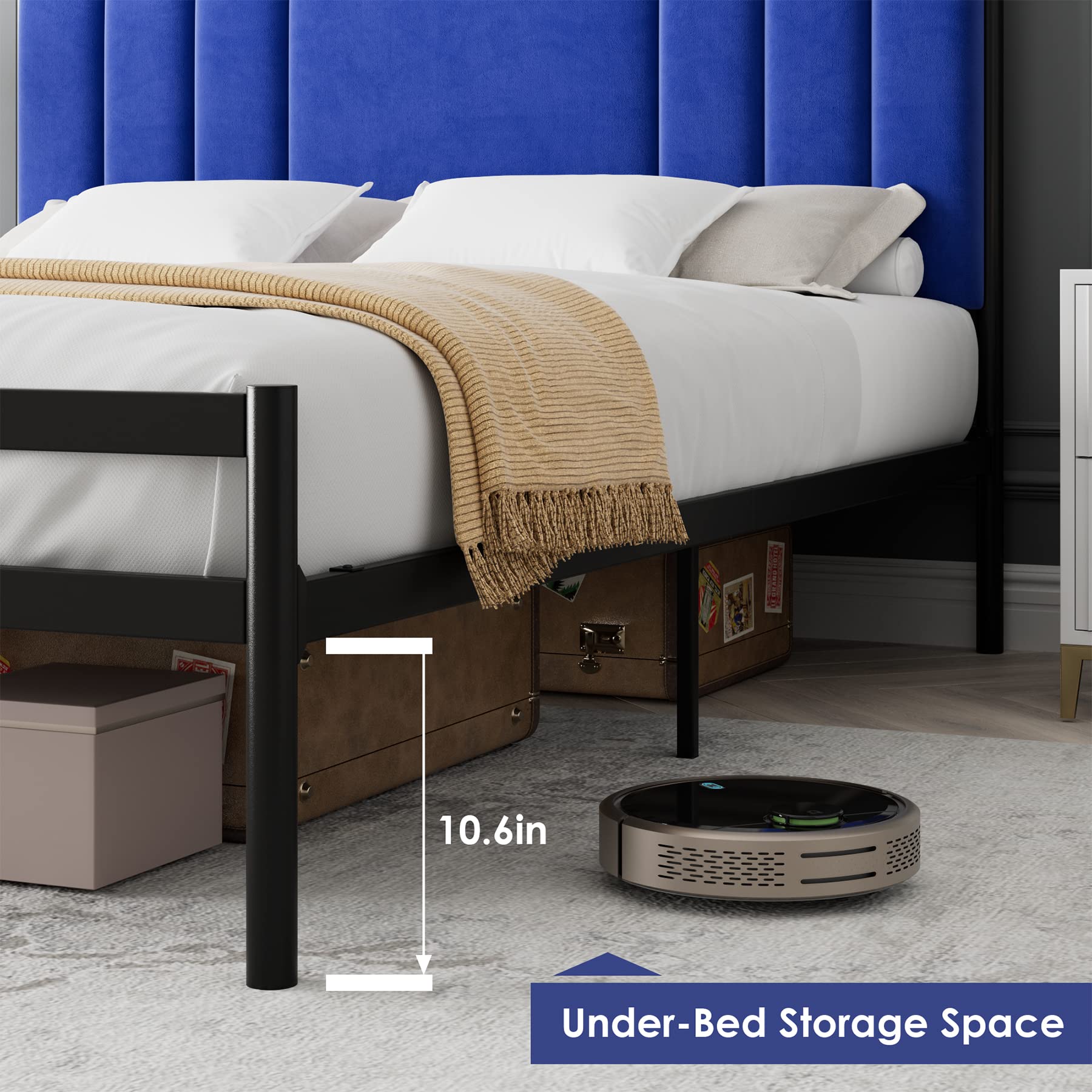 Under-bed storage space height 10.6 in for the bed frame