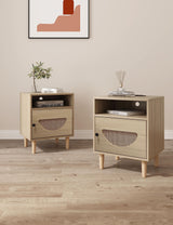 Garvee Rattan Nightstand Set of 2 with Charging Station, Boho End Table, Side Table with USB Ports & Power Outlets，1 Storage and Solid Wooden Legs for Bedroom, Living Room, Natural
