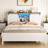 Garvee Farmhouse Bed Frame full Size with LED Lights and Charging Station, Wooden Platform full Bed with Storage Bookcase Headboard, full Bed Frame with Sliding Barn Door, No Box Spring Needed - Walnut+white