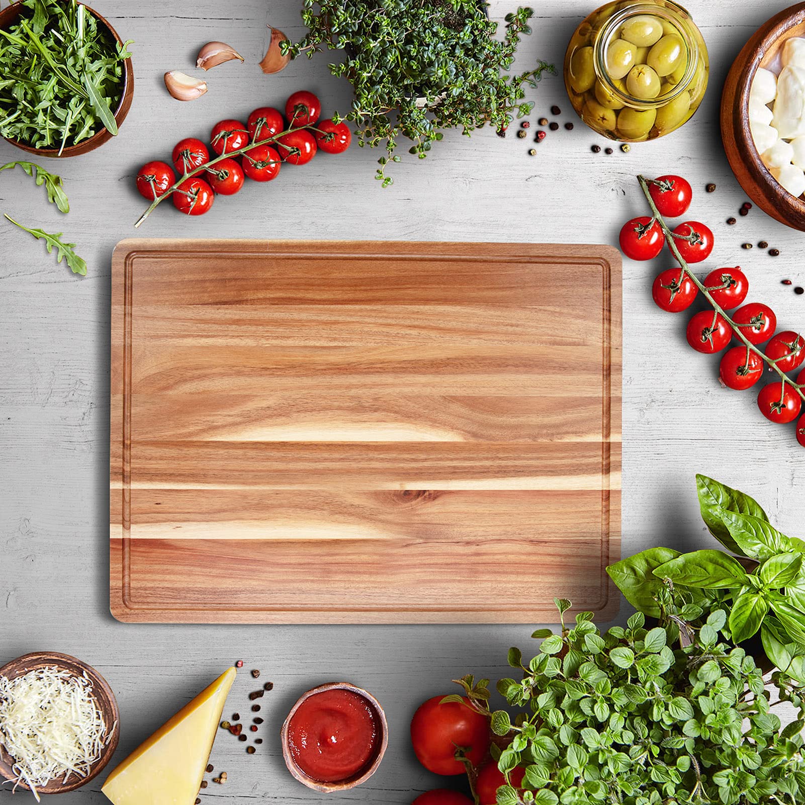 Large Acacia Wood Cutting Boards for Kitchen, 24 x 18 Inch Extra Large Wooden Cutting Board with Juice Groove, Reversible Butcher Block Cutting Board for Meat and Veggies