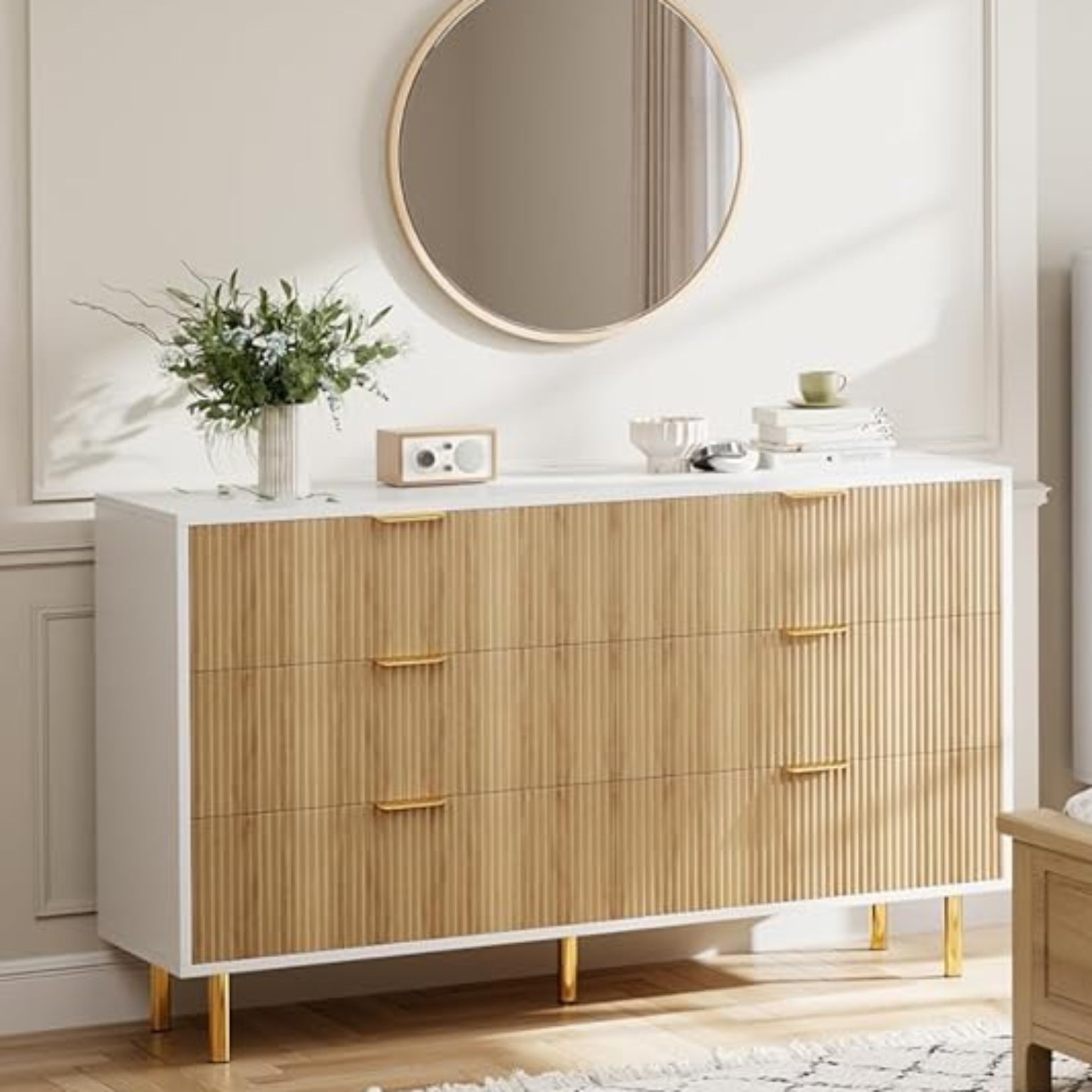 Garvee Fluted Dresser with 6 Drawers, 56" Wide Modern Chest of Drawers with Curved Profile Design, Wooden Dresser TV Stand, Wood Drawer Organizer for Bedroom, Living Room, Hallway, Natural Oak&White