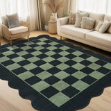 Garvee Area Rugs 9x12 Washable Modern Scalloped Checkerboard Rug Non Slip Low Pile Carpet for Living Room Bedroom Nursery Office Dining Room Black and Green - Black & Green