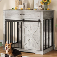 Garvee 37.8"W Dog Crate Furniture for Small/Medium Dogs, 2-in-1 Iron-Wood Fusion Dog Cage Indoor As Side End Table, Farmhouse Dogs Kennel with Sliding Barn Doors & Storage Drawer, Gray