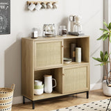 Garvee Coffee Bar Cabinet, Rattan Buffet Cabinet with Storage, Wood Sideboard Cabinet with Sliding Door, Accent Cabinet for Kitchen, Dining Room, Living Room, Entryway - Oak