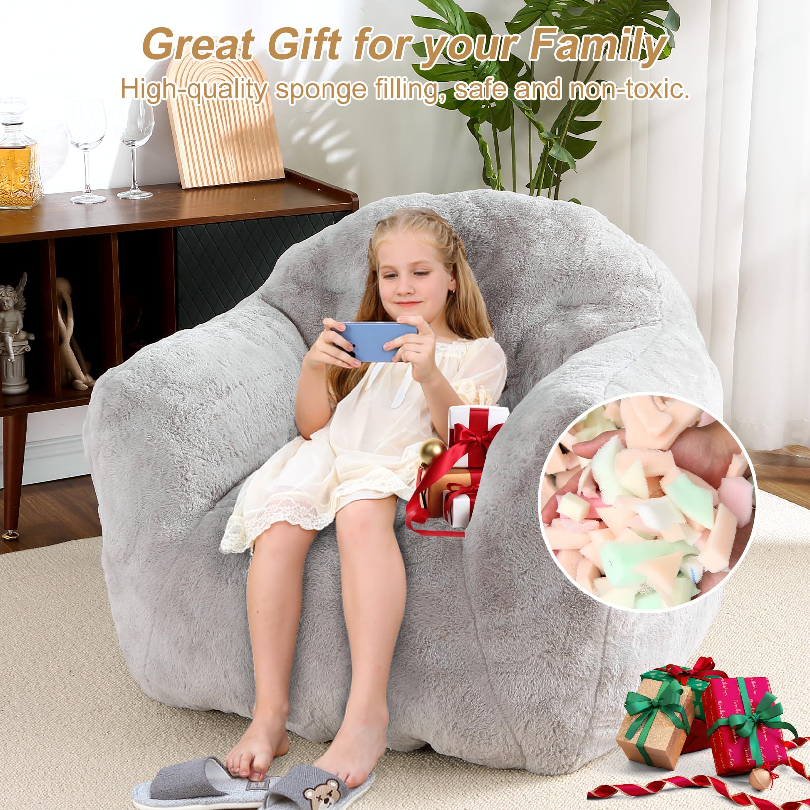 Light gray plush bean bag chair sofa for family gift