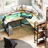Garvee L Shaped Desk with Power Outlets & LED Lights, 62" Computer Desk with Full Monitor Stand & Storage Shelves, Corner Desk Gaming Desk, Ergonomic Home Office Desk, Vintage - Vintage