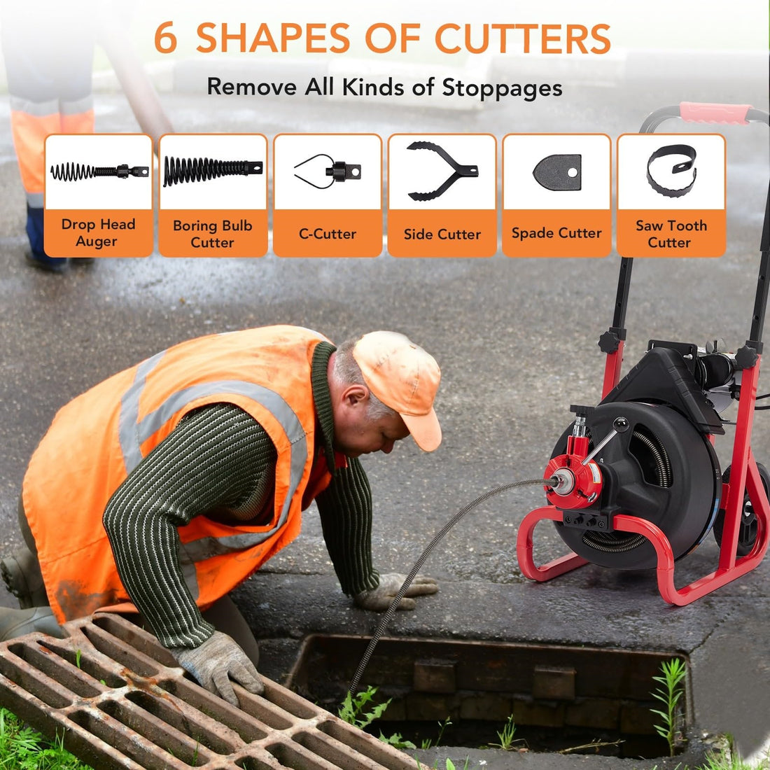 Garvee 75Ft x 1/2 Inch Drain Cleaner Machine, Auto-feed Electric Drain Auger Professional for 2 to 4 Inch Pipes, with 6 Cutters, Glove, Drain Auger Cleaner Sewer Snake