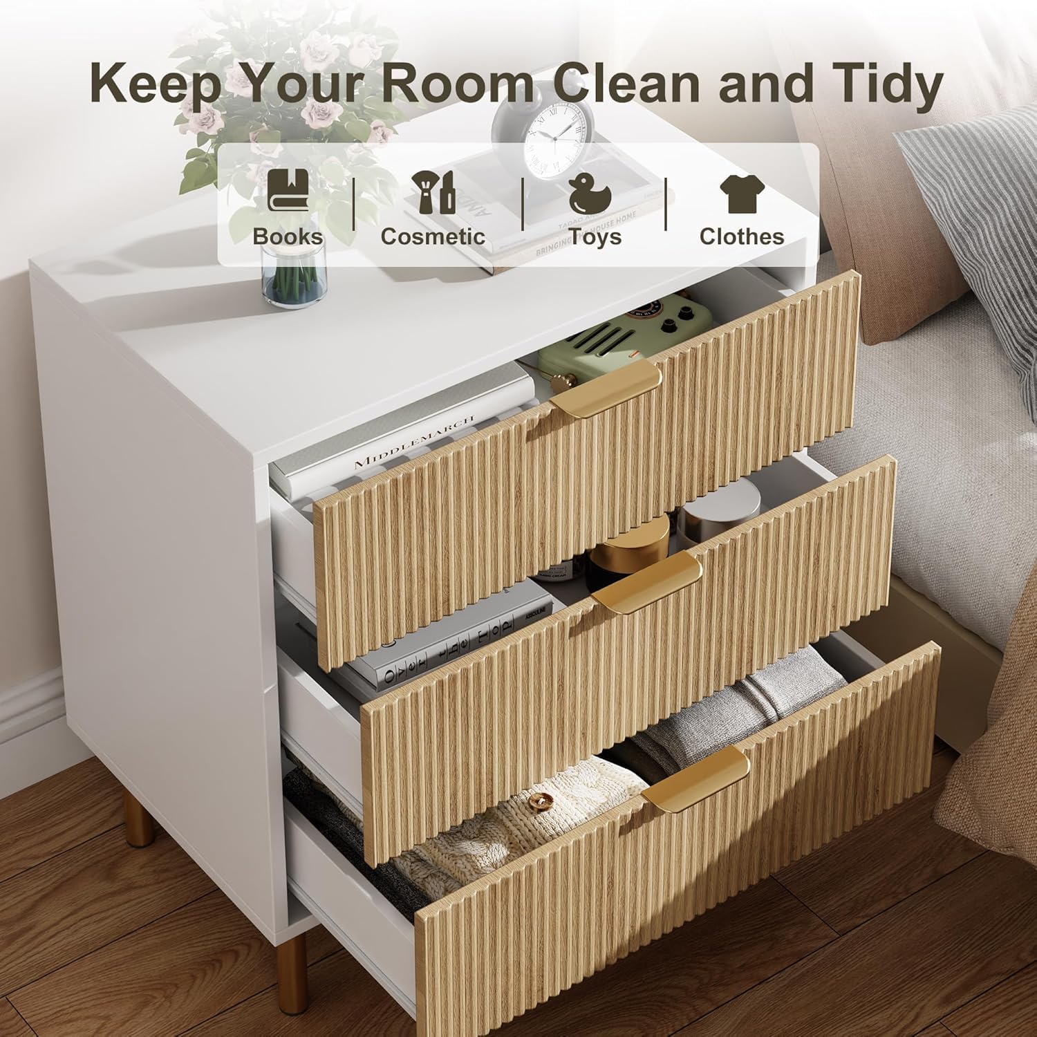 Garvee Modern 3 Drawer Dresser for Bedroom with Gold Handle and Large Drawer, Wood Double Chest of Drawers and Storage Organizer for Living Room, Hallway, Entryway, Natural Oak&White