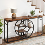 Garvee 55" Entryway Table With O-Shaped Metal Frame & Storage Shelves, Industrial Sofa Table For Living Room, 55 Inch, Rustic Black - Rustic