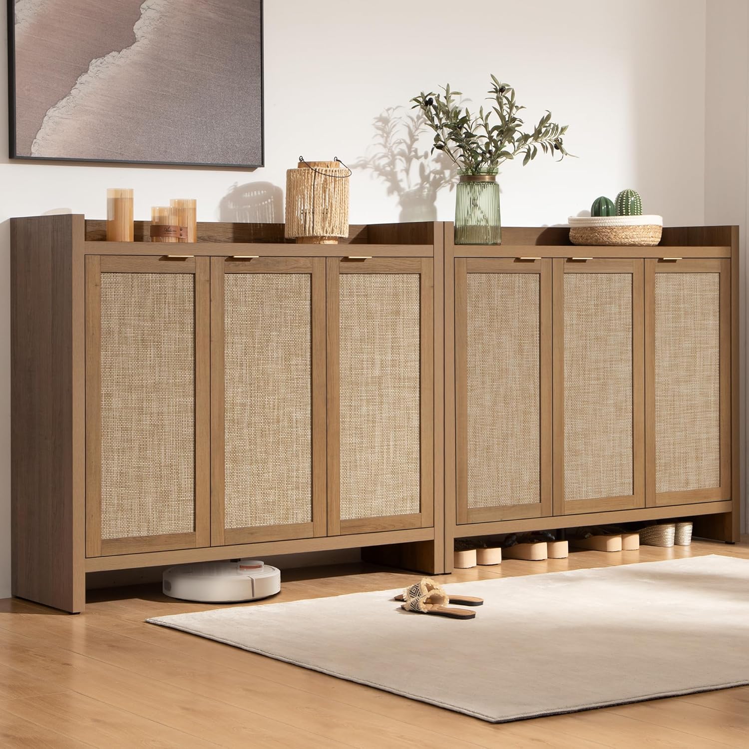 Garvee Boho 47" Rattan Shoe Storage Cabinet with 3 Doors and Adjustable Shelves for Hallway Living Room, Dark Oak