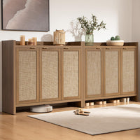 Garvee Boho 47" Rattan Shoe Storage Cabinet with 3 Doors and Adjustable Shelves for Hallway Living Room, Dark Oak