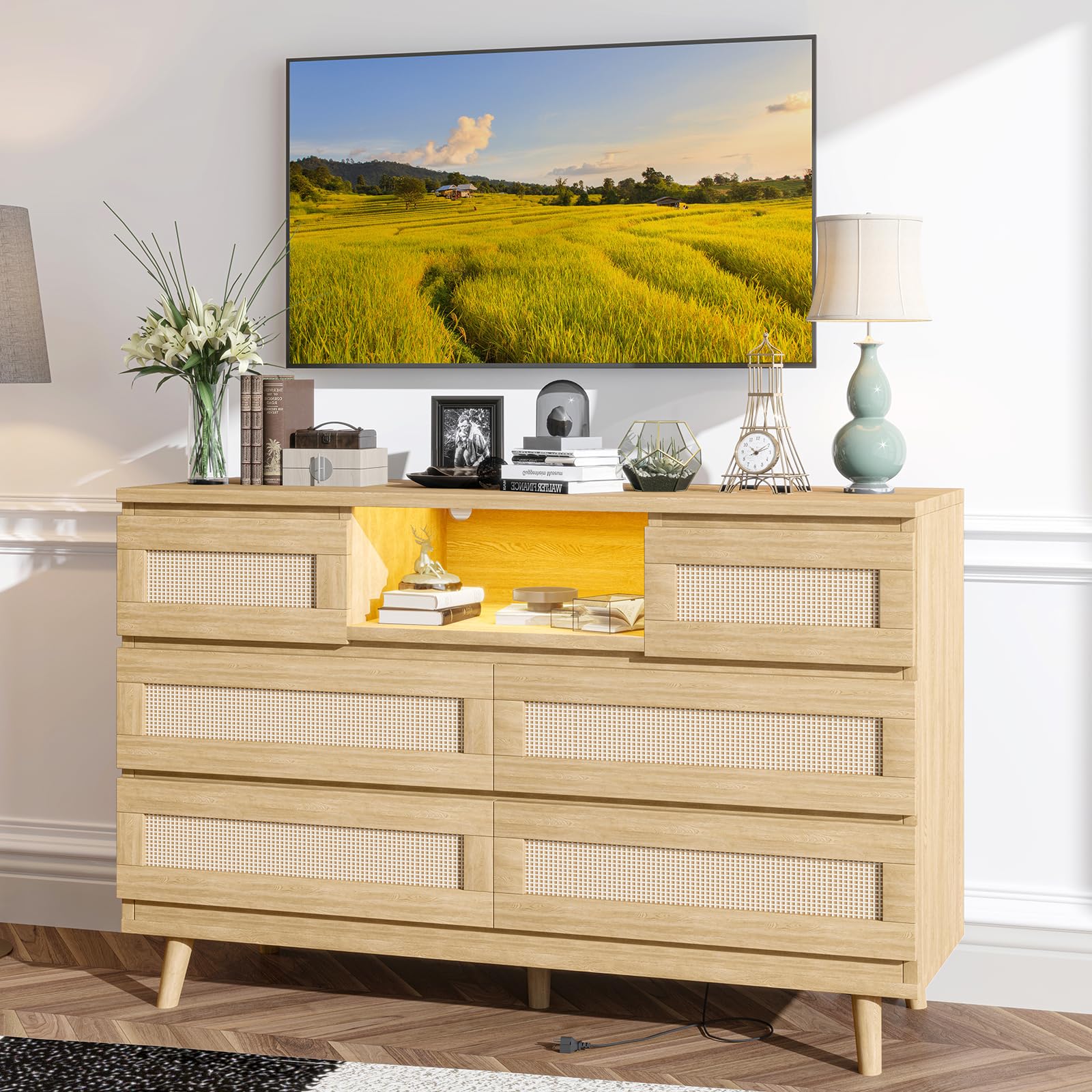 rattan dresser Modern Rattan Dresser Table Chest of Drawers with Metal Handles and 4 Drawers