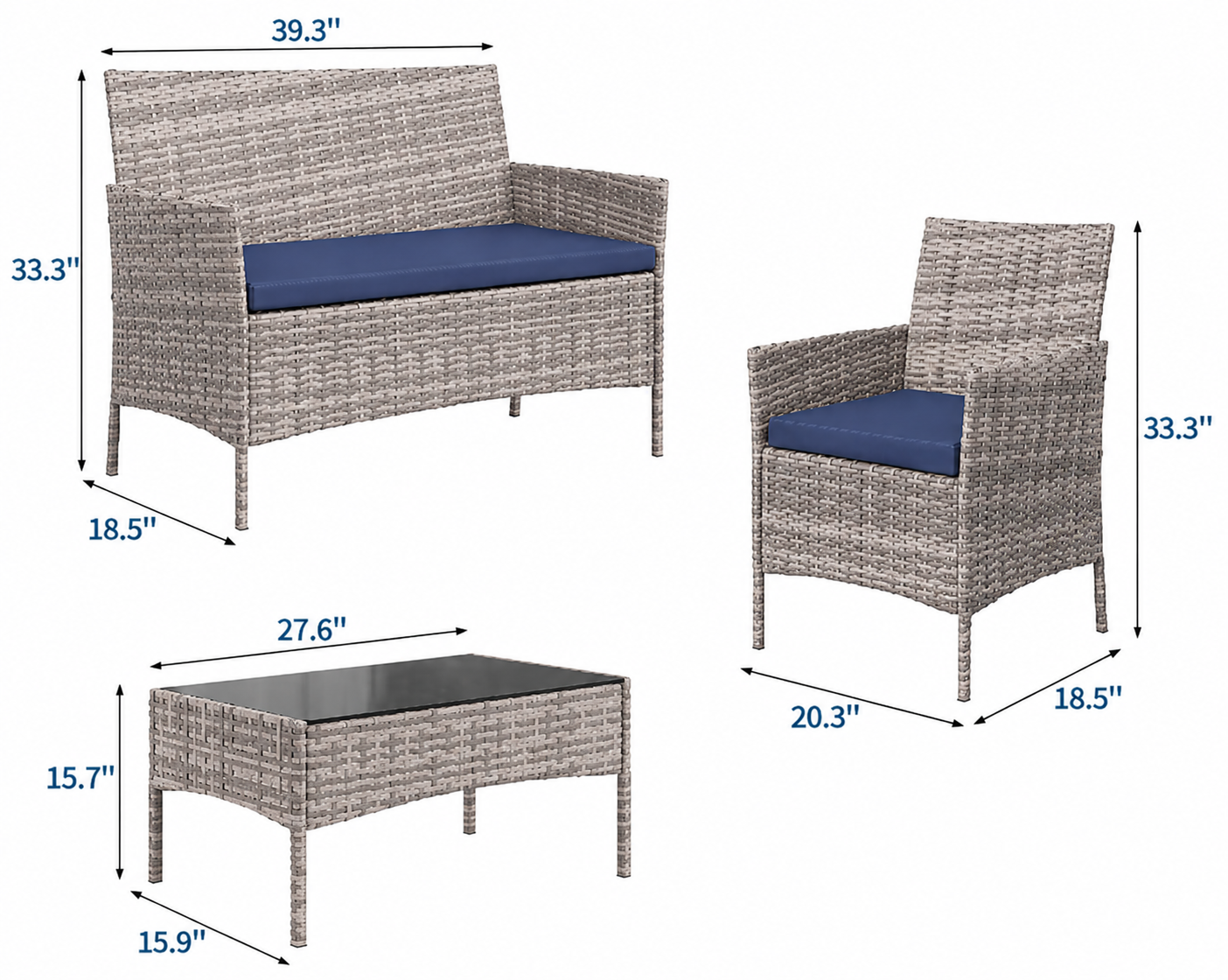 Garvee 4-Piece Rattan Patio Conversation Set, Gray Wicker Outdoor Sofa Set with Blue Cushions & Glass Table