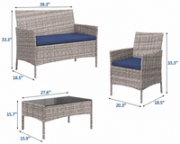 Garvee 4-Piece Rattan Patio Conversation Set, Gray Wicker Outdoor Sofa Set with Blue Cushions & Glass Table