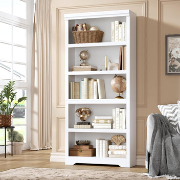 Garvee 5 Tier Bookshelf, 69" Tall Farmhouse Bookcase with Adjustable Shelves, 31.5" W Floor Standing Open Display Storage Rack with Anti-Slip Design for Home Office, Balcony, Library, Study / Living Room, White