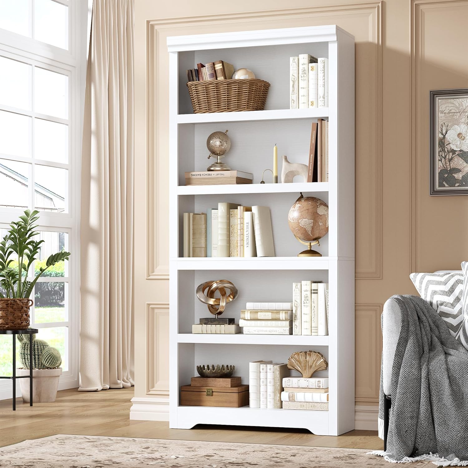 Garvee 5 Tier Bookshelf, 69" Tall Farmhouse Bookcase with Adjustable Shelves, 31.5" W Floor Standing Open Display Storage Rack with Anti-Slip Design for Home Office, Balcony, Library, Study / Living Room, White