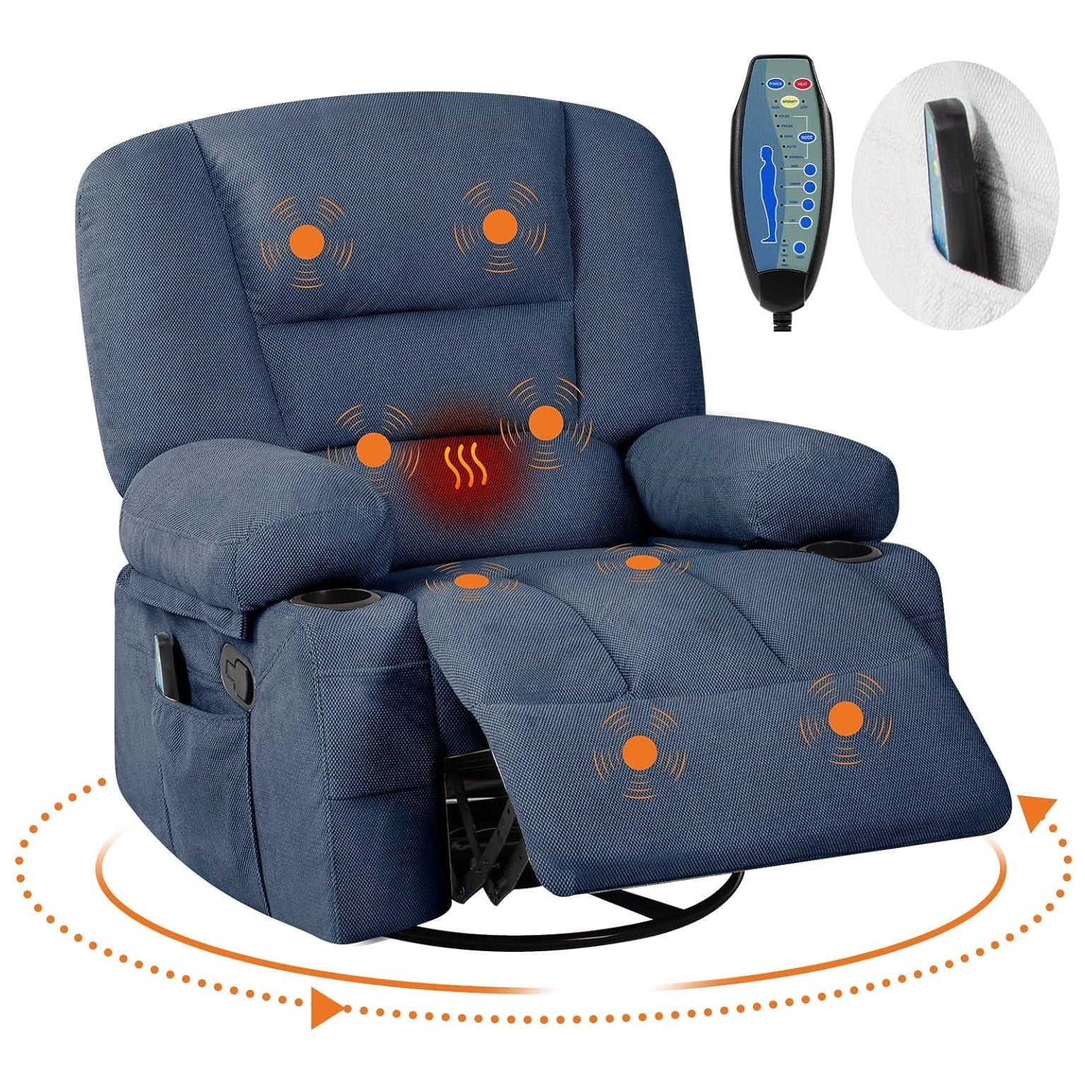 Garvee 360° Swivel Rocker Chair with Cup Holders & Side Pocket, Wide Recliner Chair with Heat and Vibration Massage, Chenille Fabric Manual Recliner Lazy Boy Chair for Adults, Blue