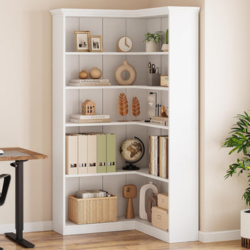 Garvee Farmhouse Bookshelf Corner Bookcase, 72.8” Large Bookcase Wood Bookshelf Tall L Shaped Bookshelf 5 Tier Corner Shelf Display Rack Etagere Shelf Storage for Office Bedroom (Full Panel, White)