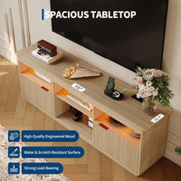 Garvee 70 Inch Fluted TV Stand for TVs Up to 80", Mid Century Modern Entertainment Center with Power Outlet & LED Light, Wood Media Console with Storage Cabinets, Oak