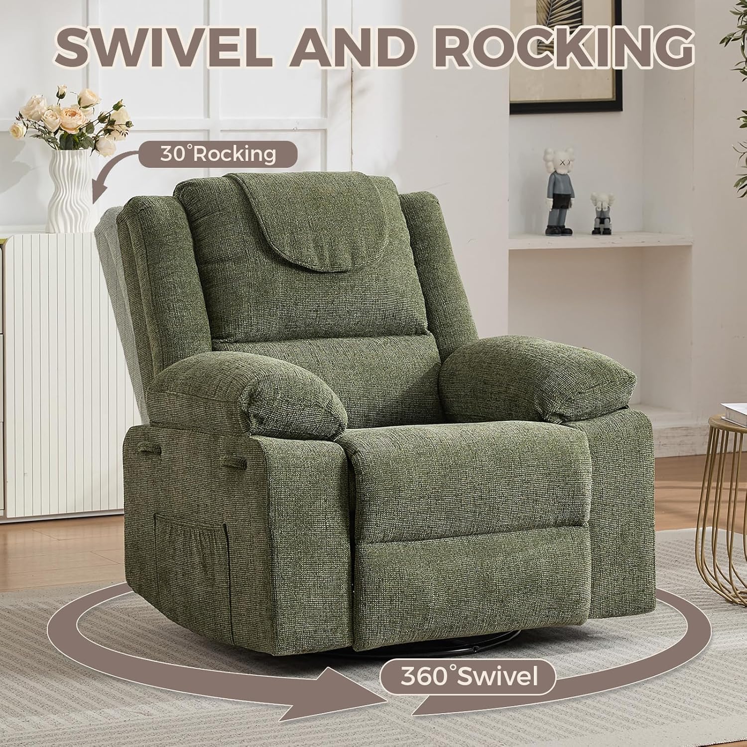 Garvee Swivel Rocker Recliner Chair for Adults with Massage and Heat, Oversized Linen Fabric Glider Nursery Chair with Deep Seat, High Backrest, Upholstered Single Sofa for Living Room, Green