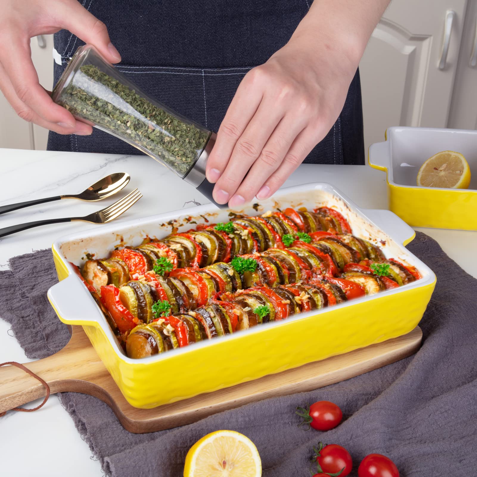 Garvee Ceramic Baking Dish Set of 3, Rectangular Casserole Dish for Oven with Handles, Deep Lasagna Baking Pans for Cooking, Kitchen, Cake Dinner, Banquet, Daily Use, Yellow