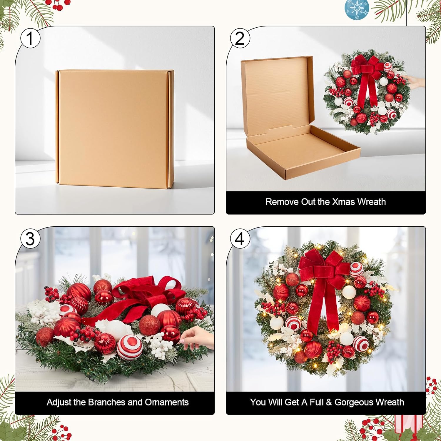 Garvee Pre-Lit Christmas Wreath for Front Door, 24 Inch Large Lighted Wreath with Xmas Balls, Red Bow & Berries, Battery Operated Christmas Wreath for Fireplace Window Wall Xmas Decoration, Red