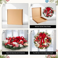 Garvee Pre-Lit Christmas Wreath for Front Door, 24 Inch Large Lighted Wreath with Xmas Balls, Red Bow & Berries, Battery Operated Christmas Wreath for Fireplace Window Wall Xmas Decoration, Red