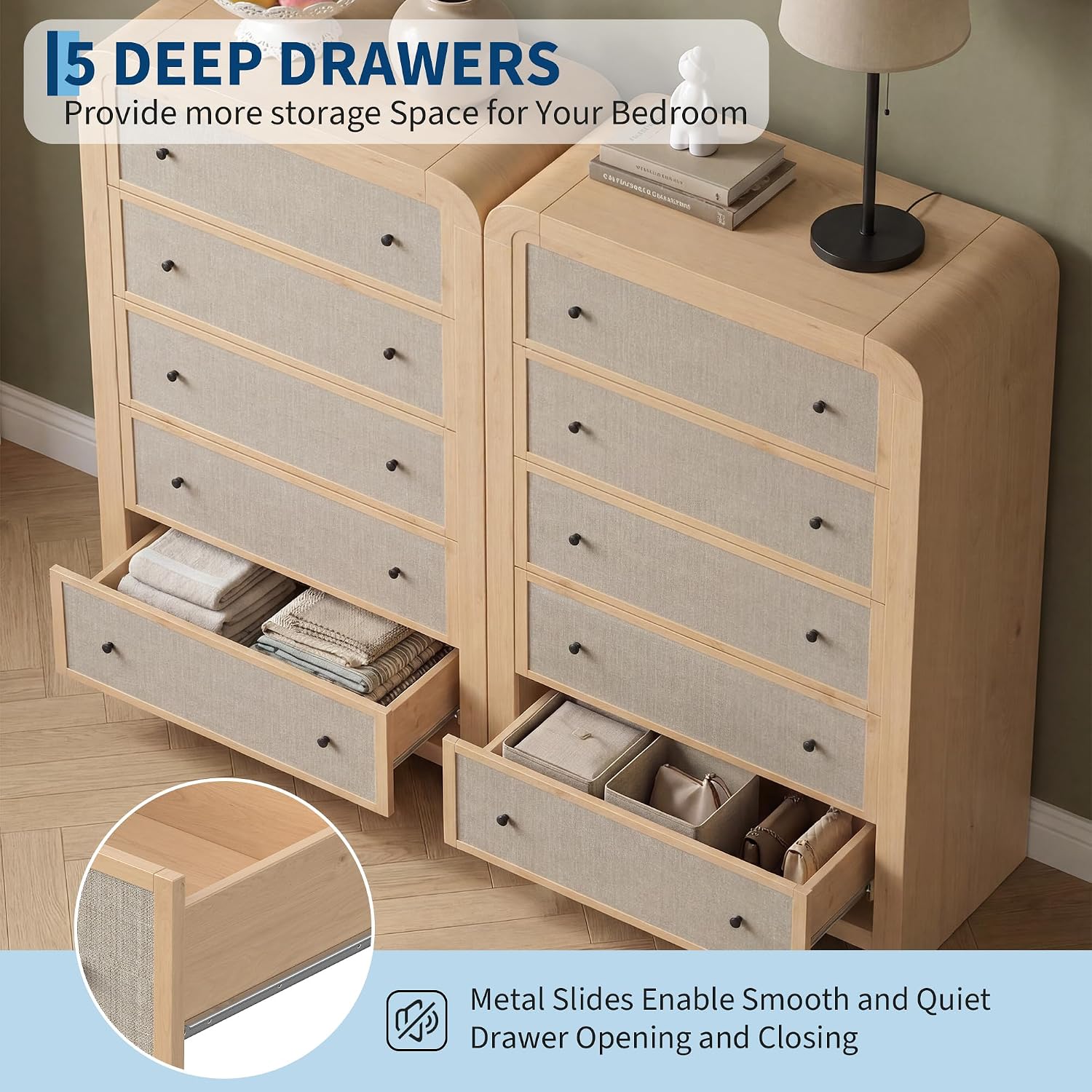 Garvee Tall 5-Drawer Dresser Chest for Bedroom, 47" Narrow Storage Organizer - Sturdy Wood Frame - Linen Drawer Fronts - Anti-Tip Kit, Log