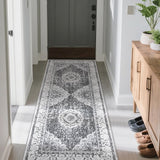 Garvee Boho Vintage Floral Area Rug 2x6 Washable Soft Faux Lamb Velvet with TPR Non-Slip Backing for Bedroom, Bathroom, Dining Room, Kitchen, Entryway & Office - Dark Gray