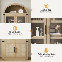 Garvee 72" Arched Bookcase Display Cabinet – 2 Glass & 2 Rattan Doors, Modern Farmhouse Freestanding Wooden Storage with Anti-Tipping Device, Natural Wood