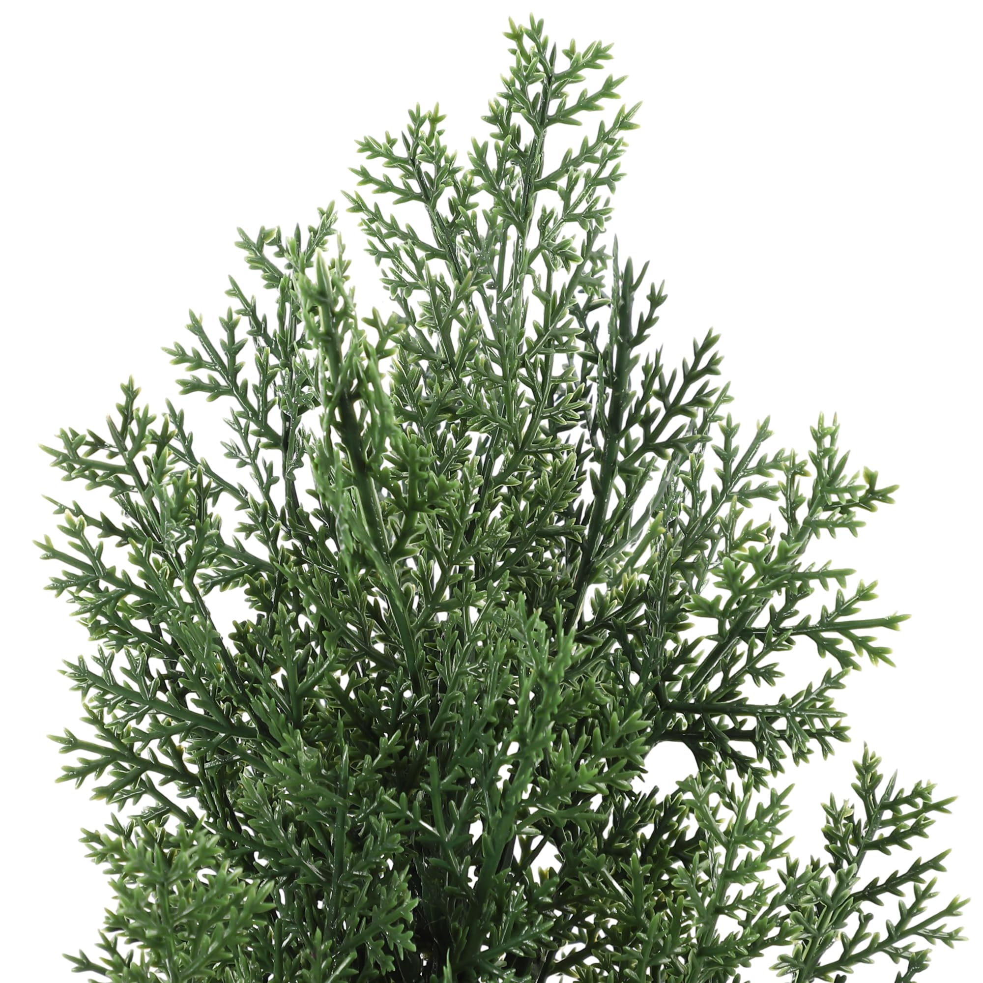 Potted artificial cedar topiary tree with a stable weighted planter base