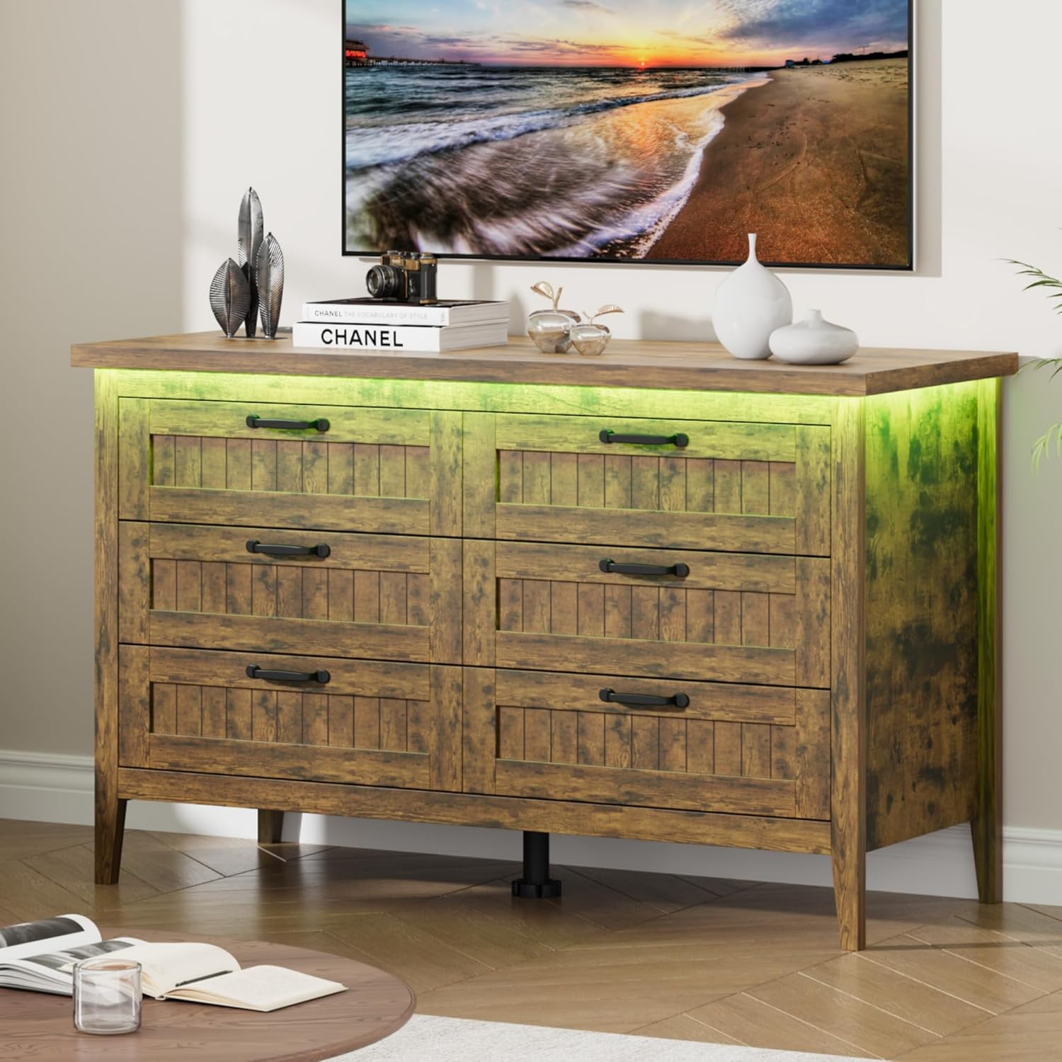 Garvee 6 Drawer Dresser with Power Outlet, Rustic Brown Dresser with LED Light, Modern Chest of Drawers for Closet, Double Wide Drawer Organizer Cabinet for Bedroom, Living Room