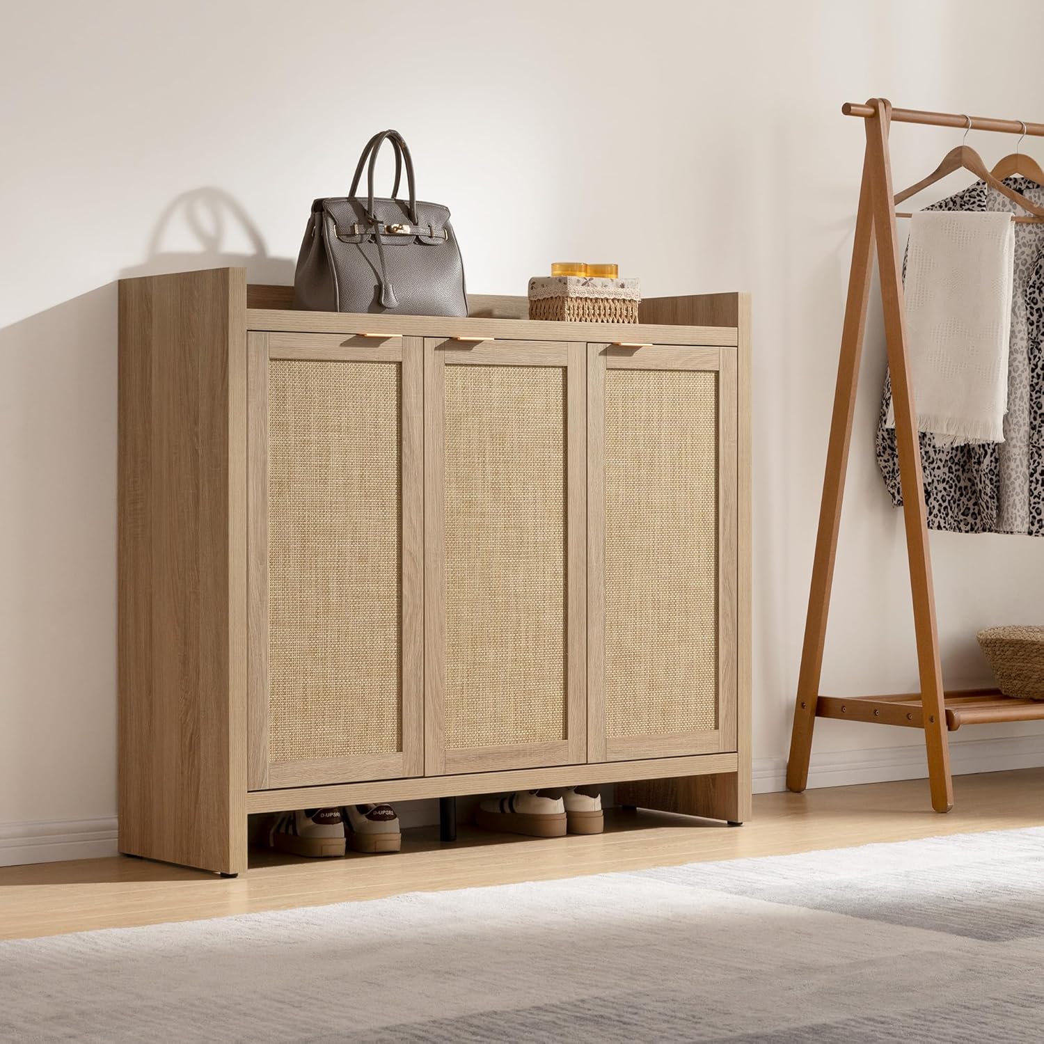 Garvee Boho 47" Rattan Shoe Storage Cabinet with 3 Doors and Adjustable Shelves for Hallway Living Room, Light Oak