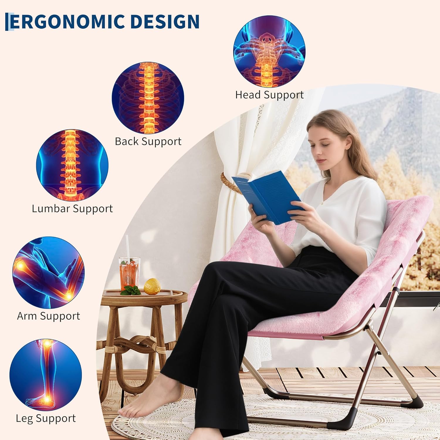Garvee Folding Saucer Chairs for Adults, Comfy Faux Fur Lazy Chair with Metal Frame, 300 LB Capacity, No Assembly Required for Living Room, Bedroom, Dorms, Pink
