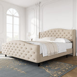 Garvee Tufted Upholstered Platform Bed Frame with Headboard and Footboard, Raised Wing Back Headboard, Mattress Foundation and Wood Slat Support, No Box Spring Needed(King, Beige) - Beige