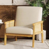 Garvee Mid Century Modern Accent Chair, Linen-Look Fabric Living Room Chair with Sturdy Wood Legs, Thickened Seat Cushion and PE Rattan Woven Decoration, Armchair for Bedroom, Reading Room, Ivory - Beige|Linen