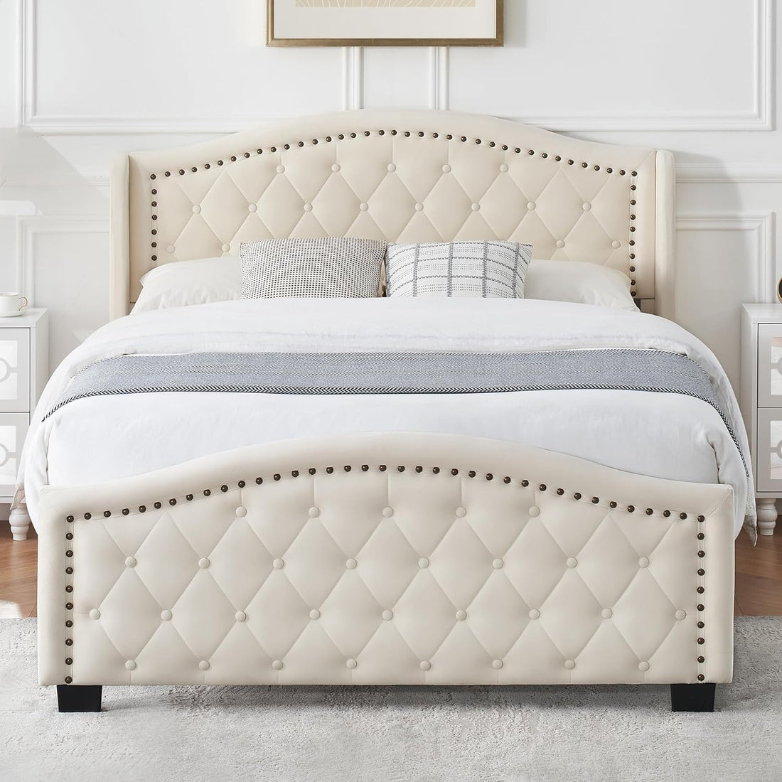 Garvee Queen Size Upholstered Platform Bed Frame with Tall Headboard, Luxurious Velvet Button Tufted and Nailhead Trim Wingback, Arched Footboard, No Box Spring Needed, Beige