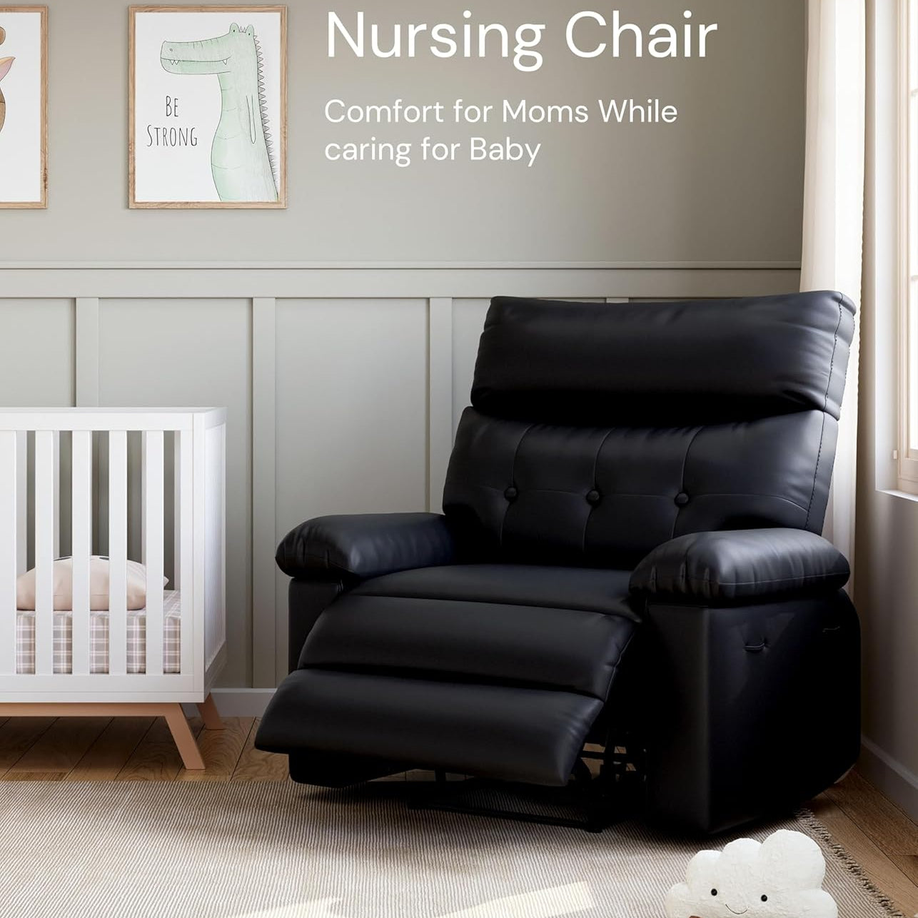 Garvee Recliner Chair for Adults, PU Leather Manual Recliner with Side Pocket, Lazy Chair with 1.5X Sponge Comfort Arm and Back for Living Room, Bedroom, Black