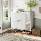 Garvee Shoe Cabinet with Mirror, 2 Flip Drawers, Side Cabinet, Adjustable Shelves, Modern Home Storage Organizer, White