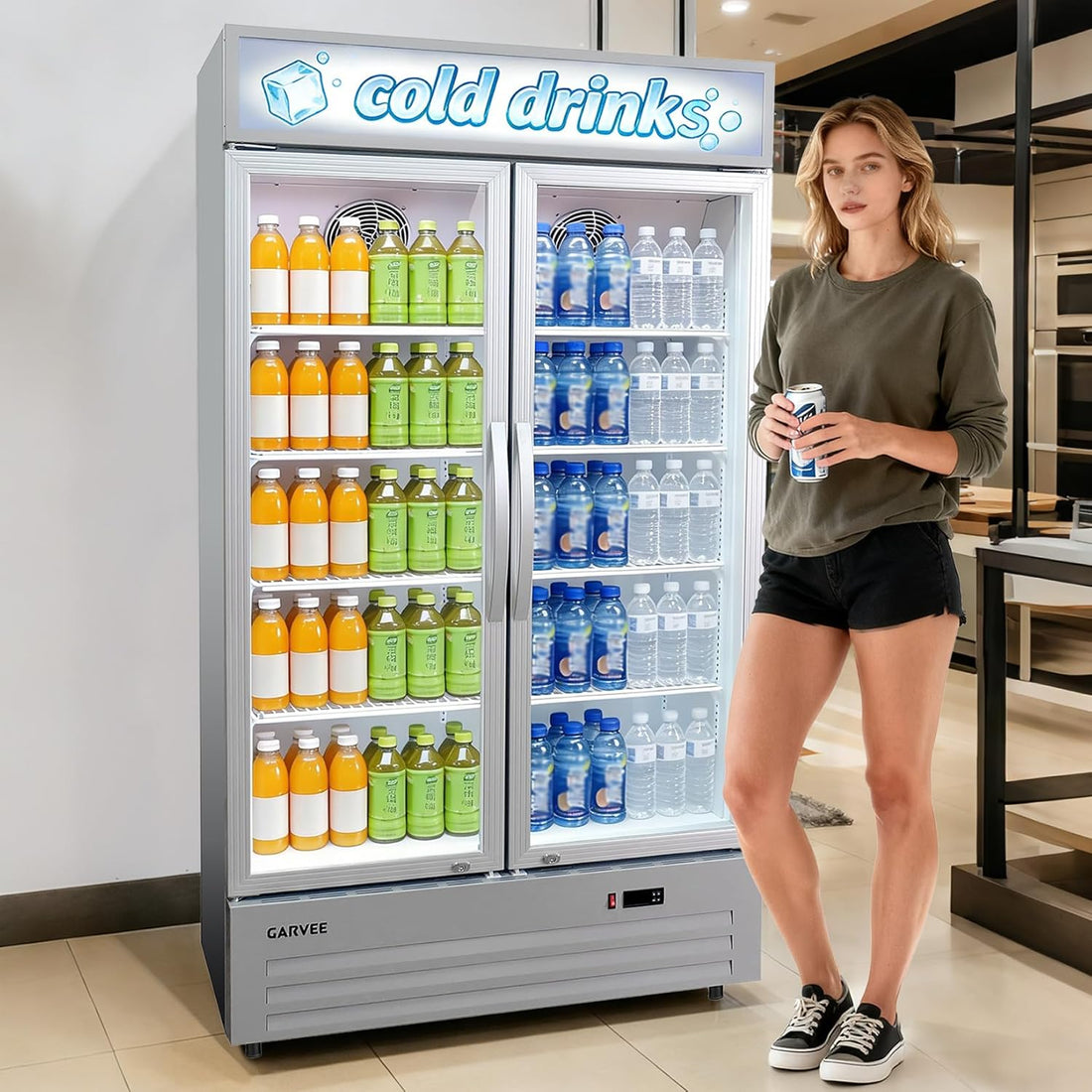 GARVEE 34.8 Cu.ft Double Door Commercial Beverage Cooler - 580-Can Glass Display Fridge | Frost-Free Air-Cooled, RGB Lights, Adjustable Shelves | for Bar/Restaurant/Store (Silver)