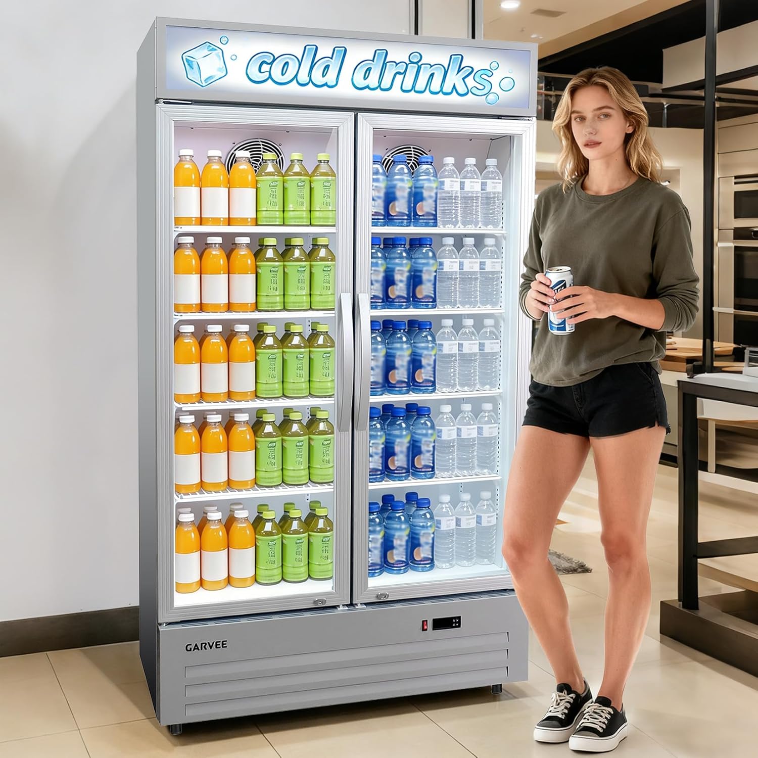 GARVEE 34.8 Cu.ft Double Door Commercial Beverage Cooler - 580-Can Glass Display Fridge | Frost-Free Air-Cooled, RGB Lights, Adjustable Shelves | for Bar/Restaurant/Store (Silver)