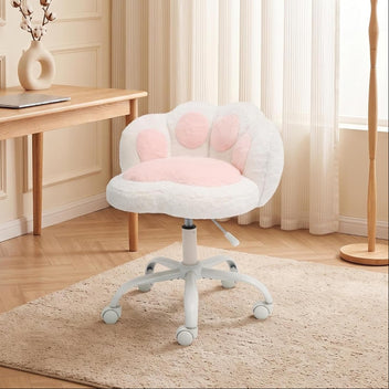 Garvee Cute Cat Paw Vanity Chair – Armless, Soft Cushion, Adjustable Height, Swivel Wheels, Soft Stuffed Fabric, Lumbar Support, Makeup or Office Stool, Color: White + Powder