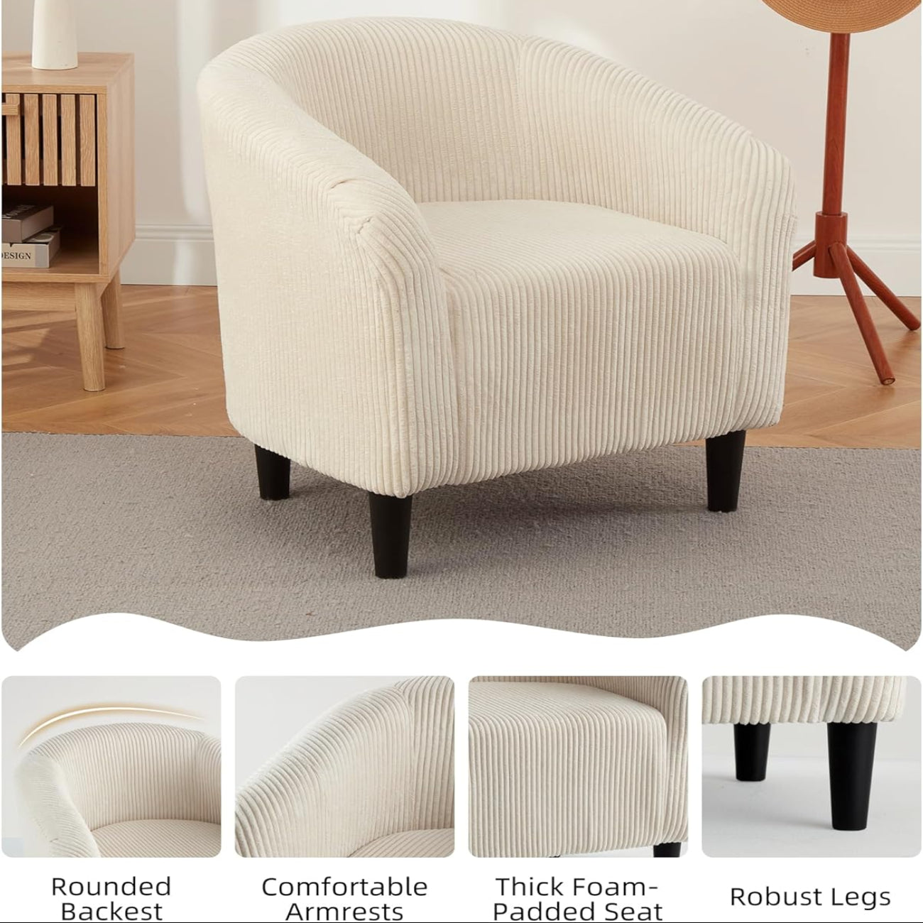 Garvee Accent Chair Corduroy Club Chair, Comfy Curved Armrest Upholstered Barrel Chair with Soft Padded Seat, U-Shaped Backrest for Living Room Bedroom Study Waiting Room, Beige