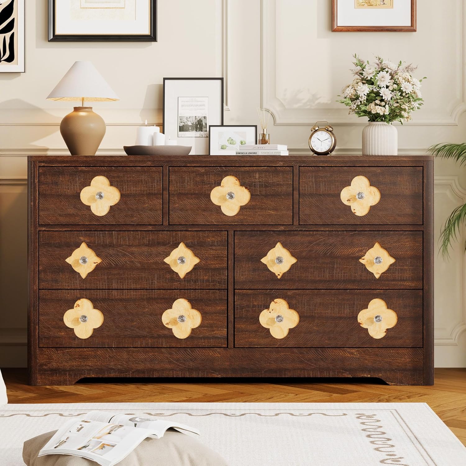 Garvee 7 Drawers Dresser for Bedroom, 54" Boho Wide Dresser Chest of Drawers, Clothes Storage Cabinet, Decorative Drawer Front Organizer for Bedroom, Living Room, Hallway, Brown