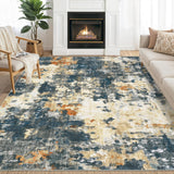 Garvee 10x13 Area Rug Washable Rugs Living Room Large Area Rug Non Shedding Bedroom Rug Low Pile Modern Rug Abstract Accent Rug Non Slip Farmhouse Throw Rug Foldable Indoor Carpet Navy and Brown - Blue & Yellow