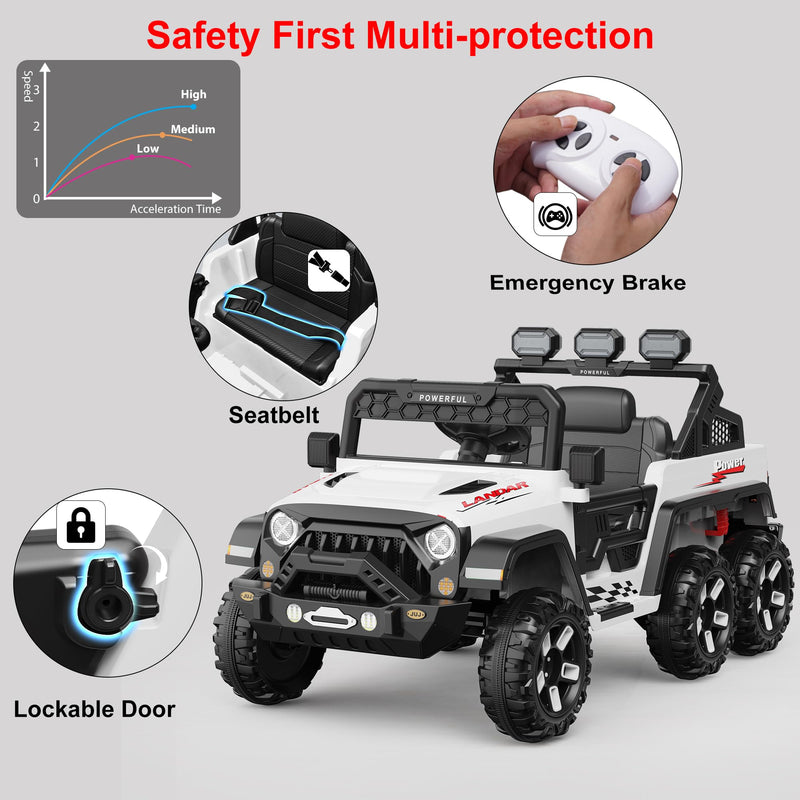 GARVEE White 24V ride-on car safety belt lockable door and driving details