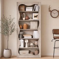 Garvee Tall 6-Tier Wood Bookshelf, Freestanding Bookcase with Wavy Scalloped Edge, Large Storage Display Shelf for Living Room Bedroom Office Library, Gray