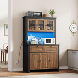 Garvee Pantry Cabinet with Charging Station, Farmhouse Kitchen Storage Cabinet, Large Hutch with Adjustable Shelves, Water Ripple Design, Brown - Brown
