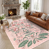 Garvee Vintage Floral Area Rug 5x7 Pink Washable Non-Slip Low Pile Carpet for Living Room Bedroom Nursery Office - Pink