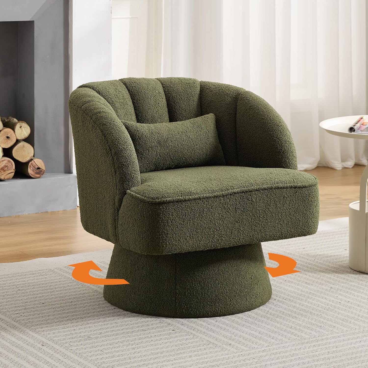 Garvee Swivel Barrel Accent Chair - Teddy Velvet Upholstered 360° Rotating Modern Armchair with Striped Backrest & Plush Padding, Round Lounge Chair for Living Room, Bedroom, Green